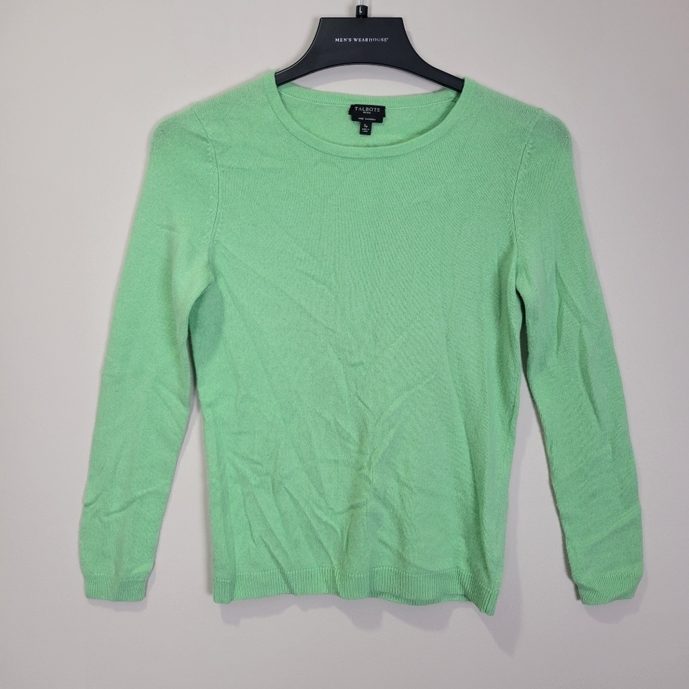 Talbots Pure Cashmere Crew Neck Sweater Womens SP Petite Green Quiet Luxury - Picture 2 of 5